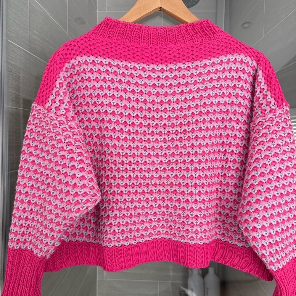 Light Pink Crew Neck Sweater with Hot Pink Accents